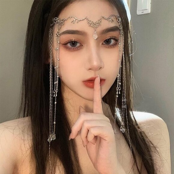 Women Head Chain Retro Long Tassel Headpiece Rhinestone Crystal Bridal Head Chai - Picture 2 of 5